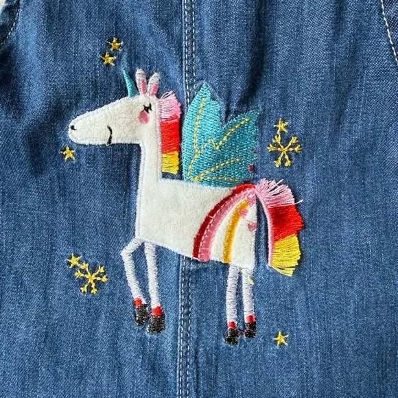 Toddler Girl Unicorn Denim Overalls 2-3 Years Blue Jean Romper 100% Cotton - Picture 3 of 10